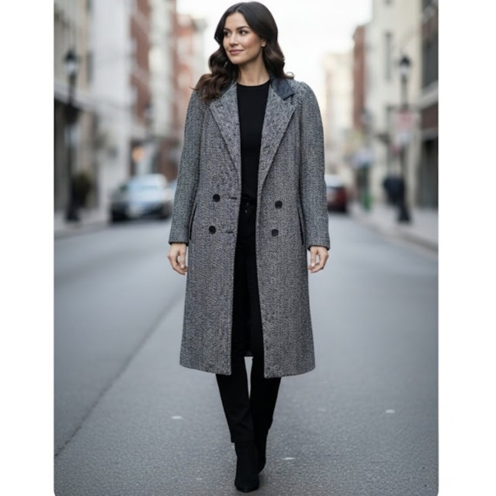 New York Girl Womens Black and Gray Tweed Herringbone Peacoat